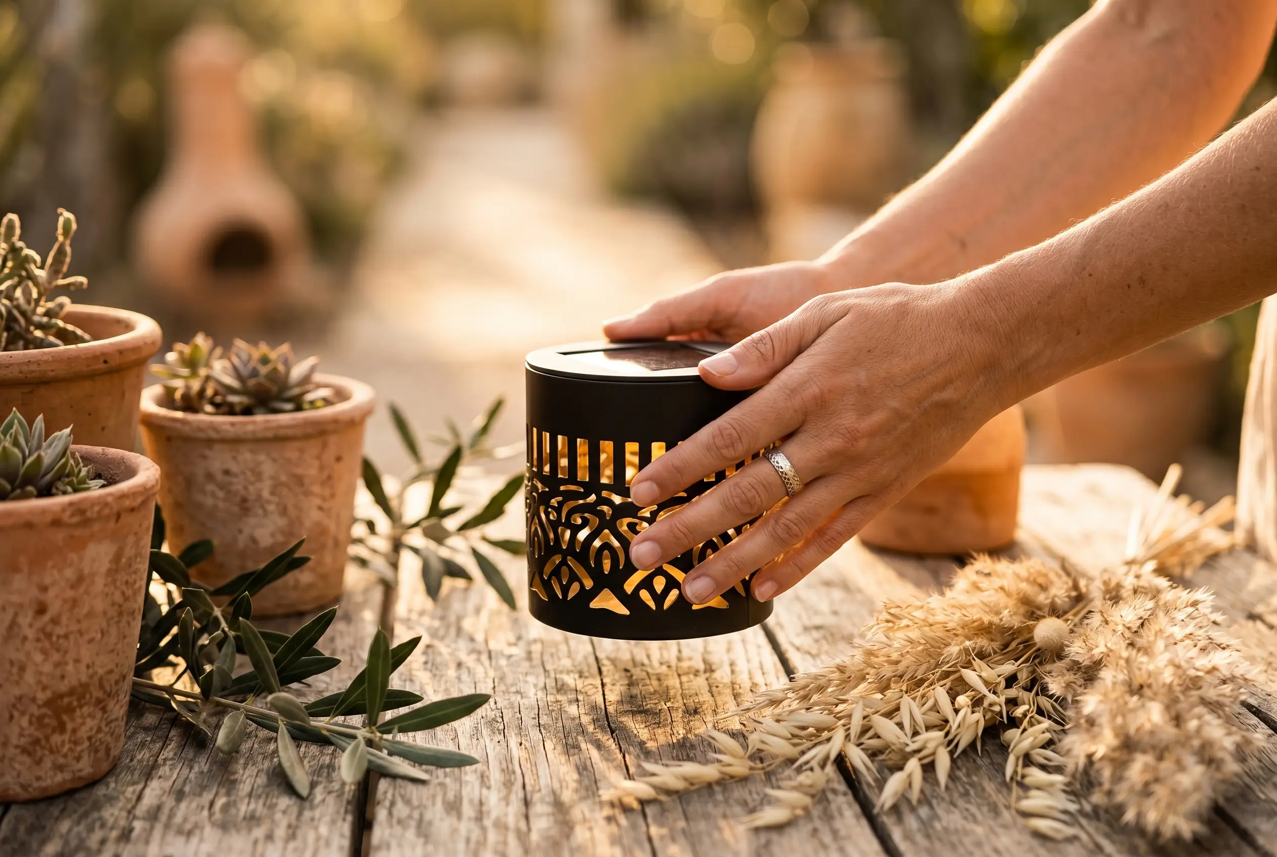 Hands placing a Soluna lantern on a rustic garden table at golden hour