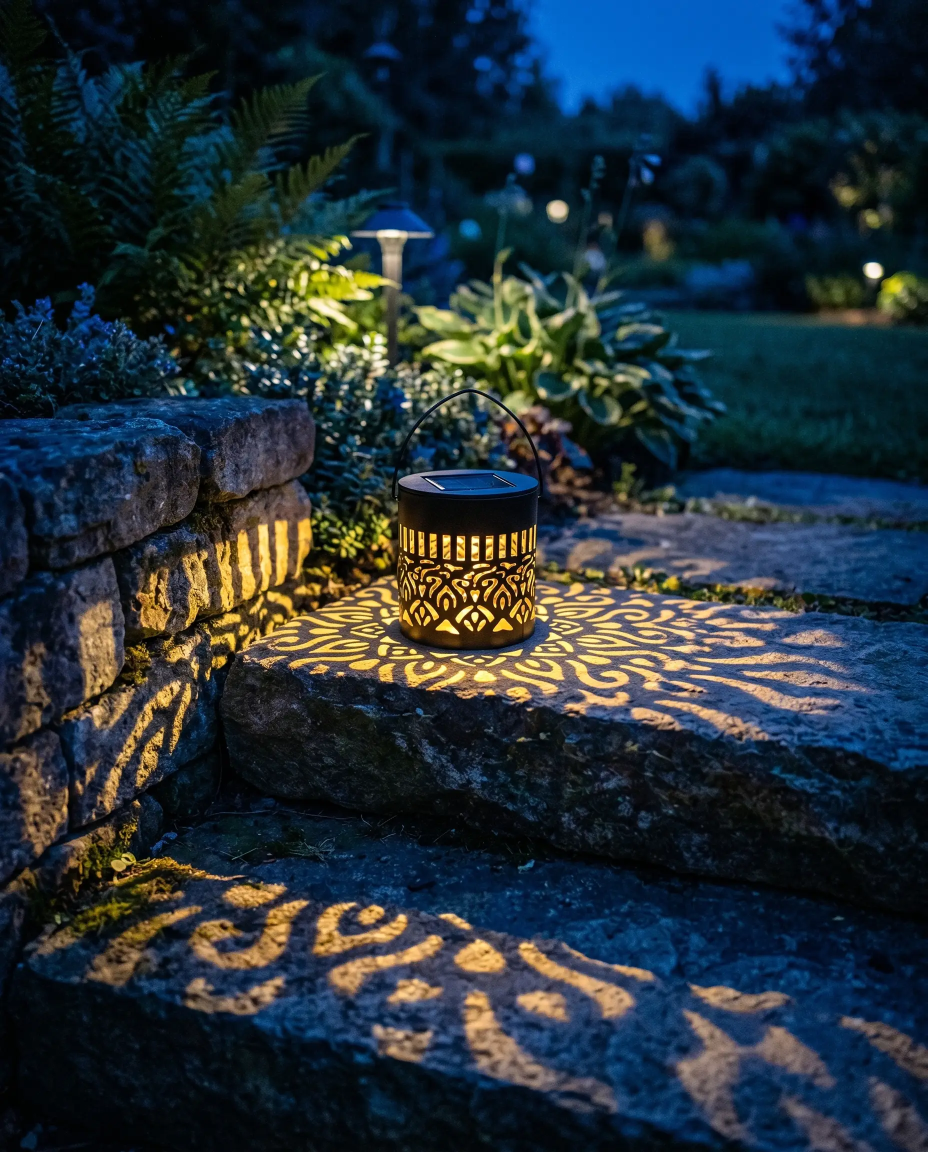 Soluna lantern glowing on garden steps, casting mandala patterns
