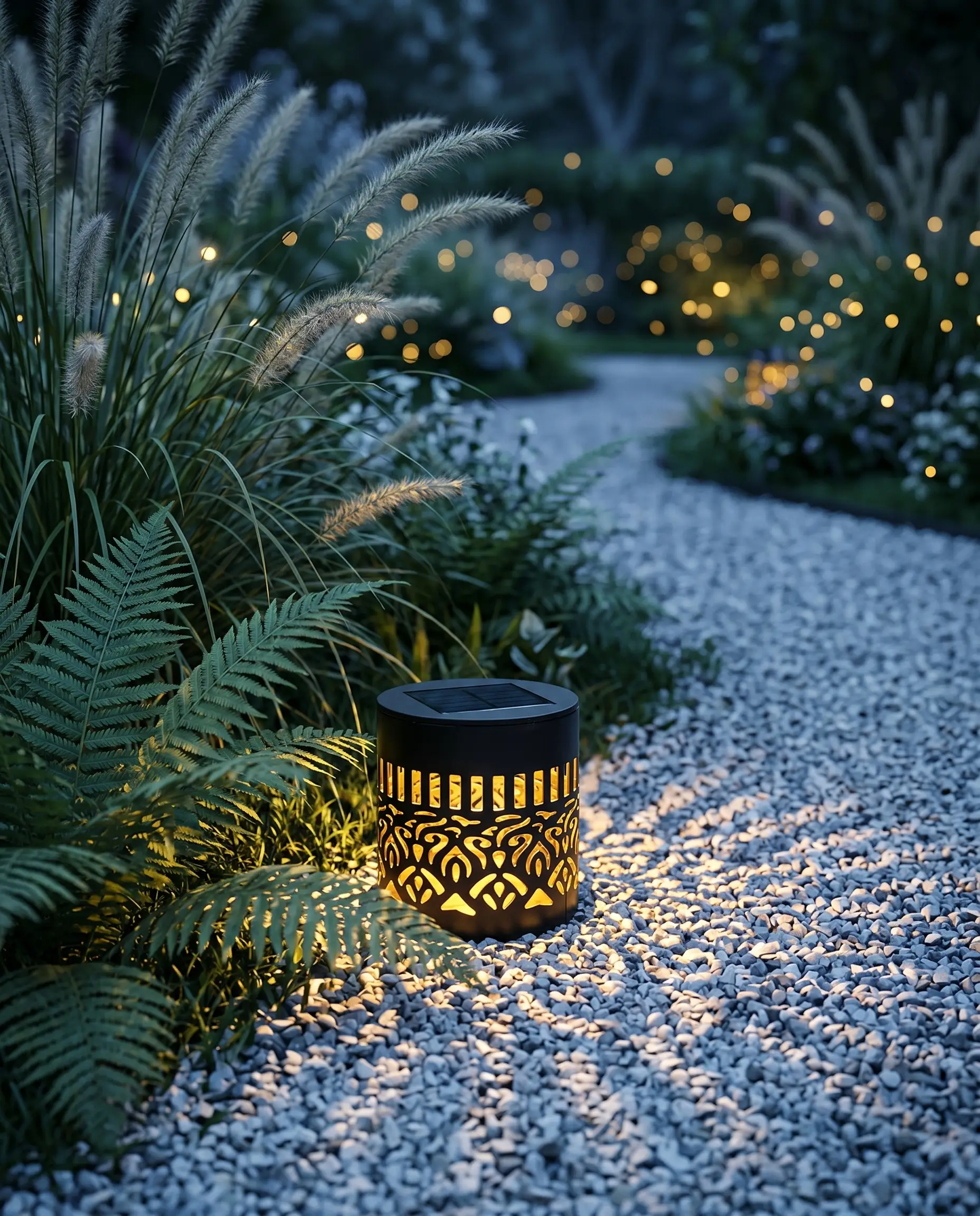 Soluna lantern among ferns on a moonlit garden path