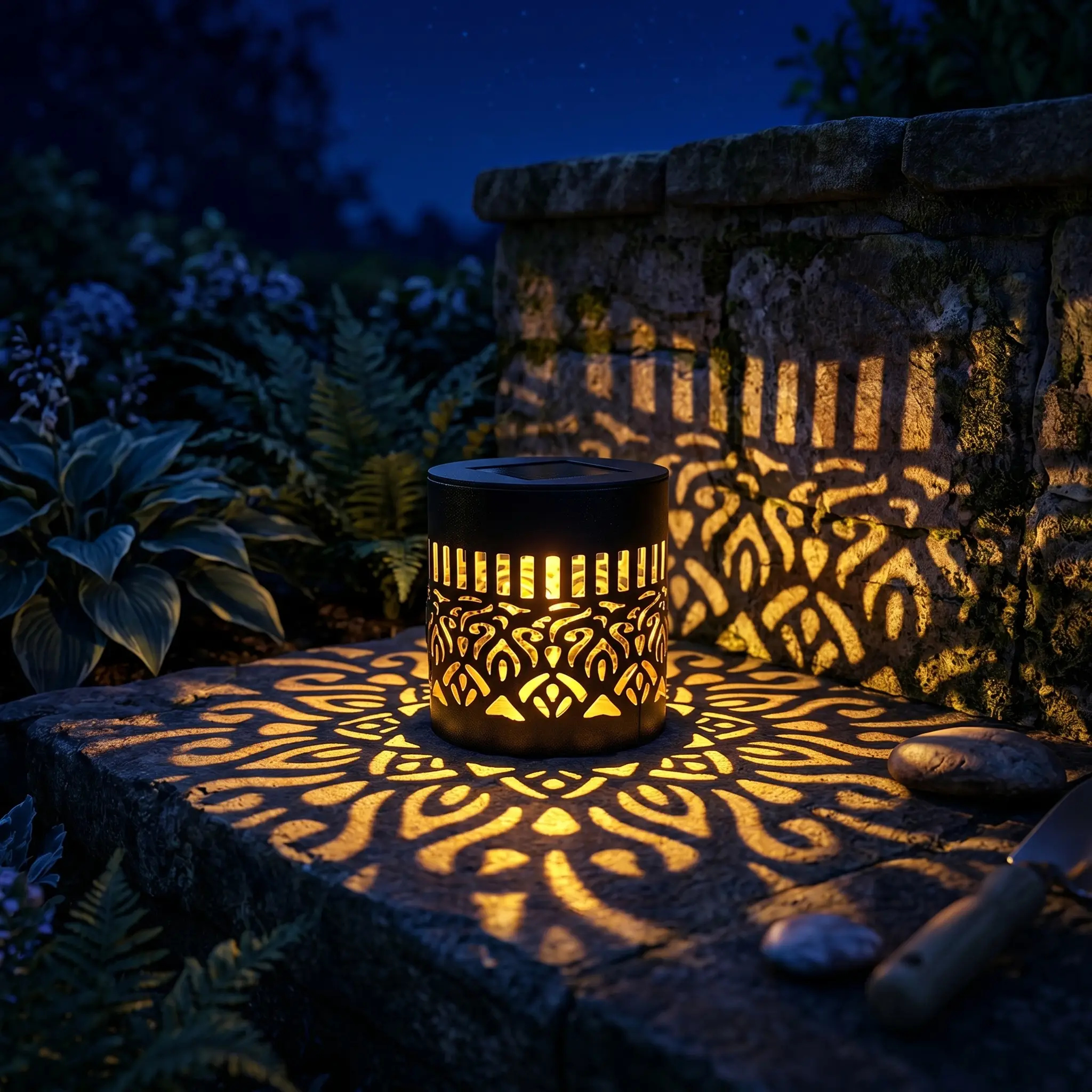The same spot at night, transformed by warm mandala light