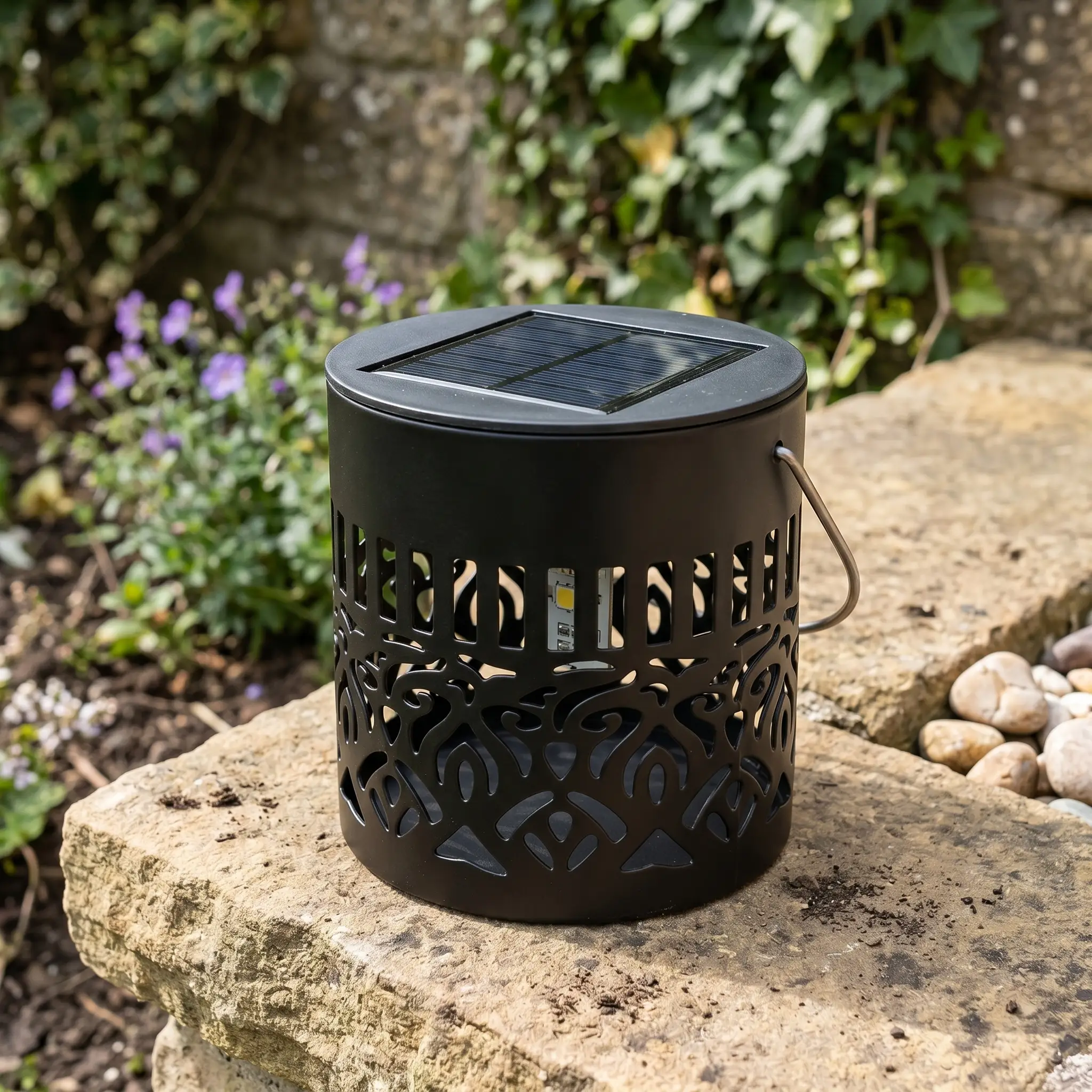 The lantern sitting unlit in a garden by day, charging in the sun